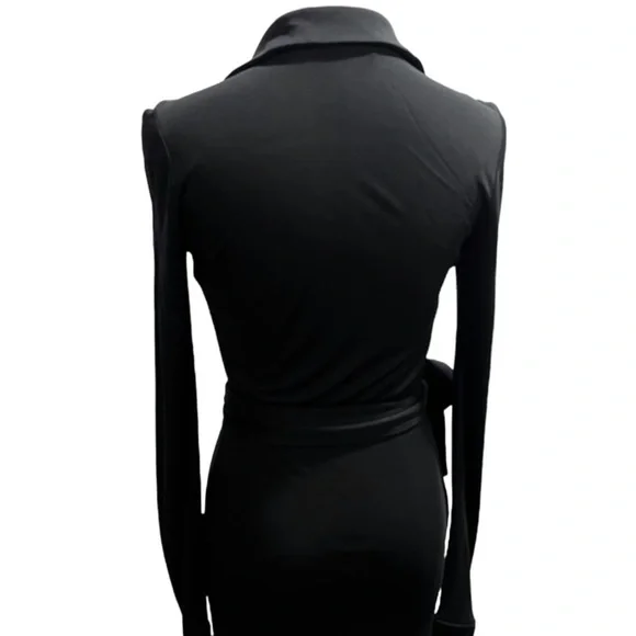 Diane Von Furstenburg New Jeanne Two Black Crepe Wrap Tie Plunge Dress Sz Xs-Sm - Picture 15 of 15